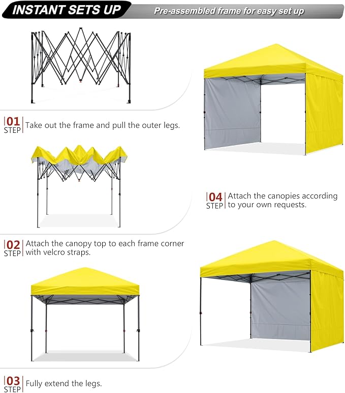 ABCCANOPY Pop up Canopy Tent with 2 Sidewalls for Outdoor Sun Blocking or Rain Protection,10x10, Yellow