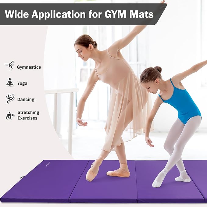 Folding Exercise Gymnastics Mat, 4'x8'x2" Gym Workout Mat with Carrying Handles 4-Fold High-Density Anti-Tear Portable Fitness Aerobics Mat for Home Gym Yoga Pilates Tumbling MMA Core Training