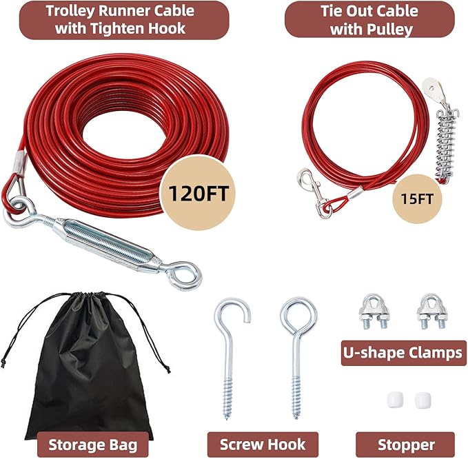 120FT Dog Runner for Yard with 15FT Tie Out Cable - Heavy Duty Trolley System for Large Dogs Up to 250LBS, Backyard/Park/Camping Use (Red, 120FT+15FT)