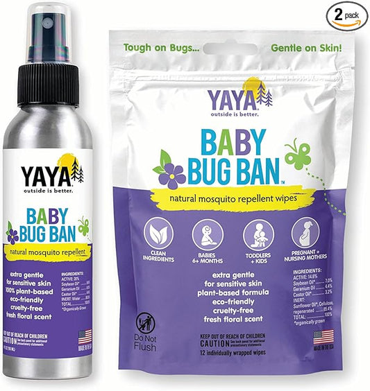 YAYA ORGANICS Baby Bug Ban Spray + Wipe Bundle - All-Natural Repellent Made with Essential Oils for Babies, Little Kids and Sensitive Skin (4 Ounce Spray + 12-Pack Wipe)