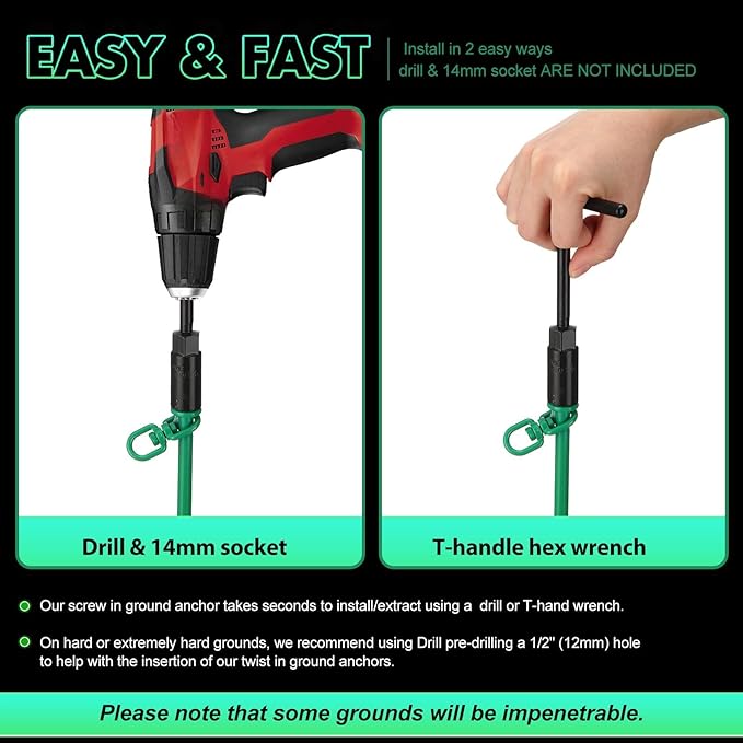 Hiboom Ground Anchor Screw Heavy Duty Earth Anchors Tent Stakes for High Wind with T Handle Hex Wrench Trampoline Hook Ground Stakes for Camping Canopies Car Ports Sheds