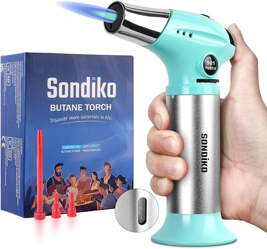 Sondiko Blow Torch with Fuel Gauge S901, Refillable Butane Torch Lighter with Adjustable Flame for Creme Brulee DIY, Creme Brulee, BBQ and Baking, Butane Gas Not Included