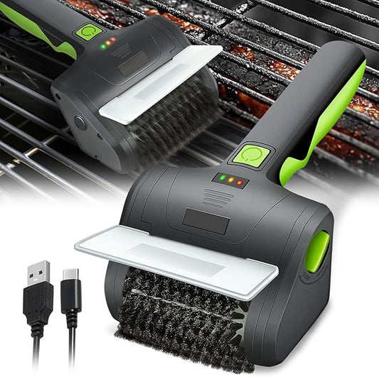 Auto Dynasty Cordless Electric Grill Brush, Rechargeable Grill Cleaning Scrub Brush with Rotating Cleaner Brush Head and Type-C Charging Cable for Outdoor Grill, Green/Black