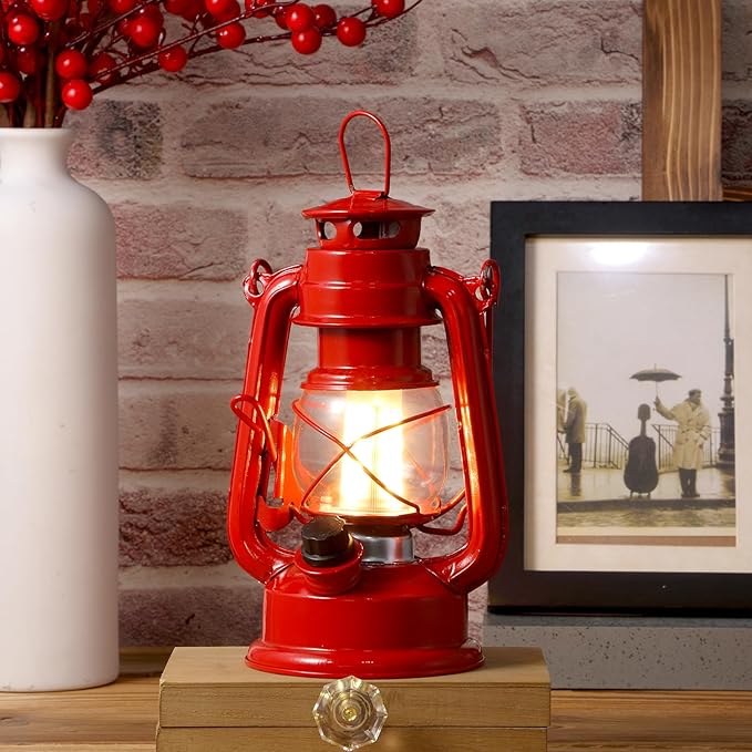 Hortsun 2 Pcs 8 Inch Vintage LED Hurricane Lantern Metal Red Outdoor Battery Operated Hanging Lantern with Warm LEDs and Dimmer Switch for Indoor Rustic Farmhouse Country Camping Decor