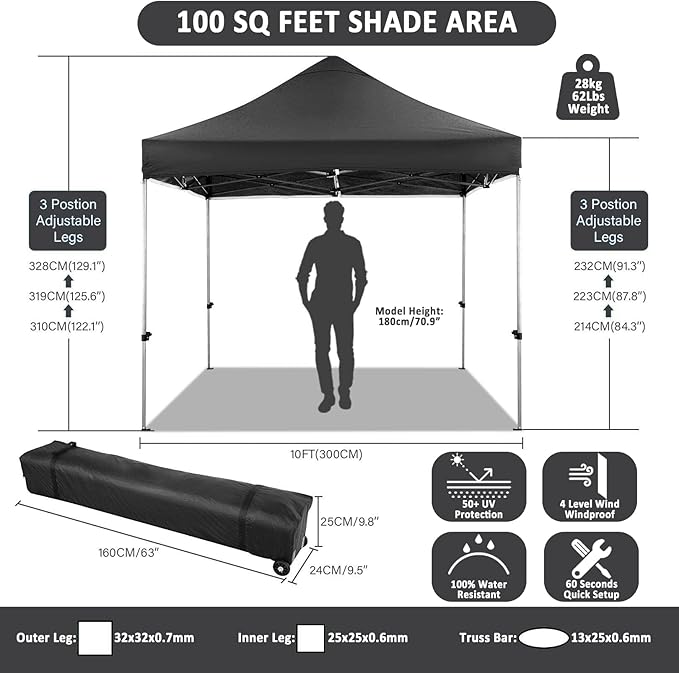 COBIZI 10x10 Pop Up Canopy with 4 Sidewall,Heavy Duty Canopy UPF 50+ All Season Wind Waterproof Commercial Outdoor Wedding Party Tents for Parties Canopy Gazebo with Roller Bag (10 x 10 ft Black)
