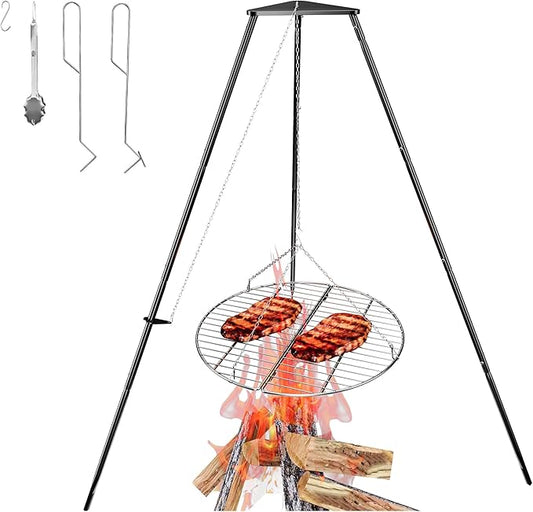 Campfire Tripod for Cooking, Portable & Collapsible Camping Cooking Tripod Grill with Round Grate for BBQ Picnic Outdoor Cookware Party
