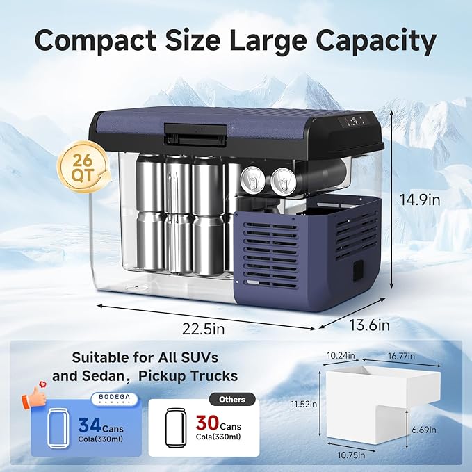 BODEGACOOLER 12 volt Car Refrigerator - 26QT(25L) Portable Freezer IPX4 Waterproof Car Fridge Ultra-Quiet Electric Cooler for Truck Van Camping Road Trips Travel 12/24V DC 110~240 Volt AC,-4℉~68℉