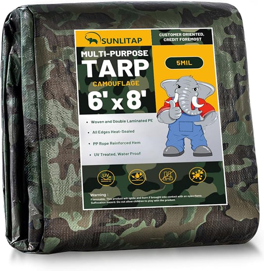 Camouflage Tarp 6x8Ft Waterproof Tarps with Grommets, Multipurpose Finished Size Tarps for Indoor and Outdoor Use, 5 MIL Light Duty Tarpaulin for Car, Camping, Boat, Roof, Protective Cover