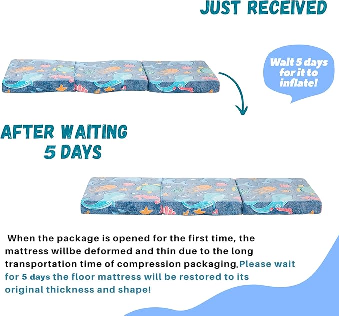 MeMoreCool Foldable Floor Mattress for Kids, Glow Toddlers Trifold Nap Mat, Kids Folding Mattress Portable Sleeping Futon for Daycare or Floor Bed, 57x22 Inch Blue