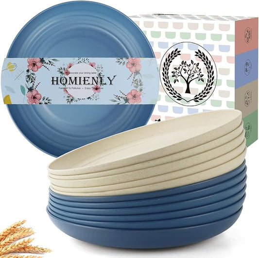 Homienly Deep Dinner Set of 12 - Alternative for Plastic, Microwave and Dishwasher Safe Wheat Straw Plates for Kitchen, Unbreakable Kids (Multi, 10 Inch)