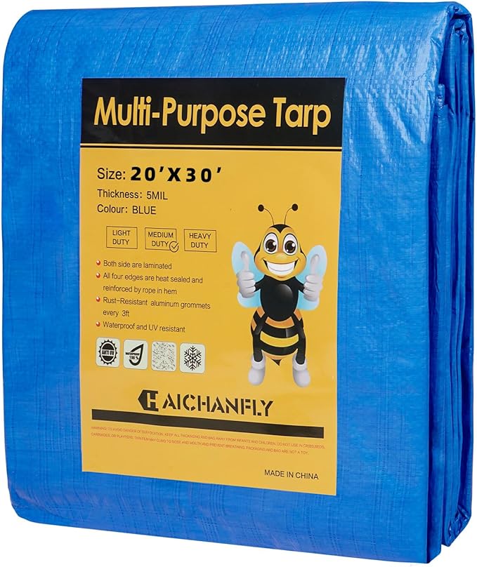Double-Sided Waterproof Poly Tarp 20x30 Feet 5mil Thick Polyethylene Tarps, Perfect for Outdoor Use, Plastic Cover & Mat for Tent Camping Storage Boat Bikes Vehicles