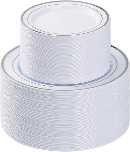 200PCS Silver Plastic Plate, Disposable Party Plates with 100 Dinner Plates and 100 Dessert Plates, Plastic Plates for Party, Wedding and Birthday