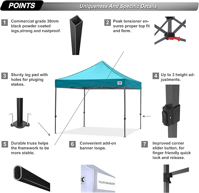 ABCCANOPY Patio Pop Up Canopy Tent 10x10 Commercial-Series (Turquoise)