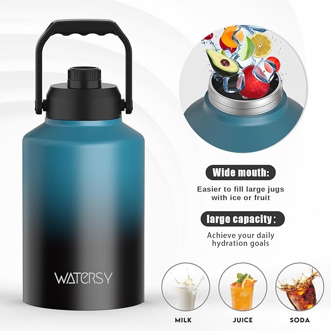 1 Gallon Water Bottle Insulated(Cold for 48 Hrs),BPA Free&Leak Proof,128oz Stainless Steel Water Jug,Big thermo,Large Water Bottle with Handle for Gym,Hiking,Camping&Travel,Lake Blue