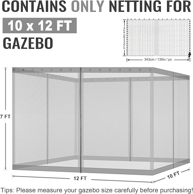 COWVIE Gazebo Replacement Netting Screen, 10' x 12' Universal Gazebo 4-Panel Mosquito Sidewalls with Double Zippers for Outdoor Patio (Only Netting)