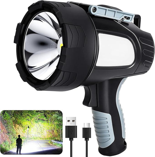 Rechargeable Spotlight Flashlight, 99,000 Lumen Super Bright Led Spotlight with 6 Modes & Foldable Tripod, Powerful Spot Light 30H Long Runtime, Handheld Spot Light for Outdoor Boating Hµnting