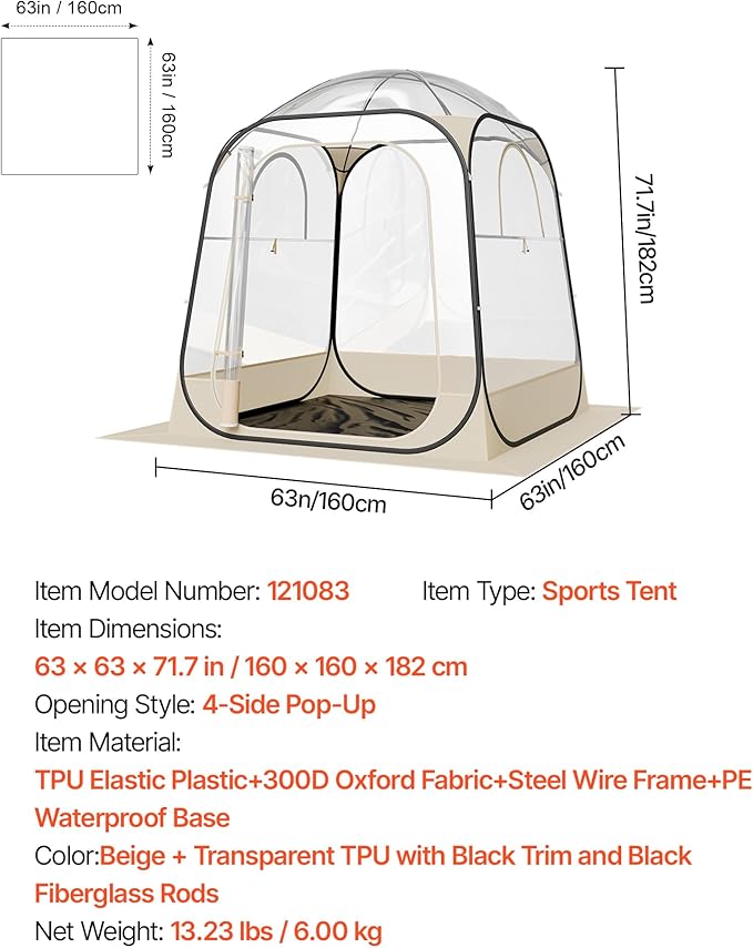 VEVOR Pop up Sports Tent, 4 Sizes Optional Clear Bubble Tent for 1-6 Person, Waterproof Outdoor Pod with Floor Mat & Top Cover, Garden Igloo Dome Tents Camping Shelter for Sports Watching