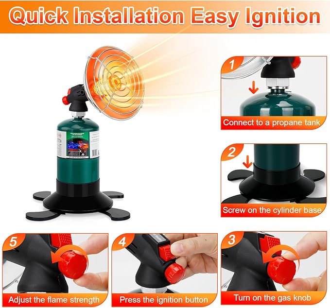 Portable Propane Heater for Camping, Outdoor Space Tent Heater, Cordless Patio Heaters with Electric Igniter, Control Valve, Foldable Gas Tank Holder, Ideal Garage Hiking Ice Fishing Hunting Buddy
