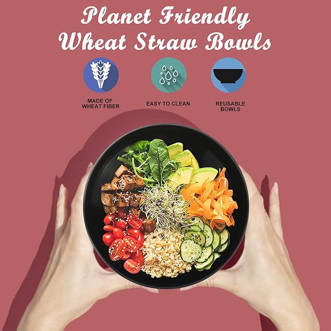 Wheat Straw Bowl Sets,6 PCS Unbreakable Cereal Bowl 36 OZ,Microwave and Dishwasher Safe Bowls,Soup Bowl Sets BPA Free Apartment Bowl for Serving Cereal,Oatmeal and Salad (Black)