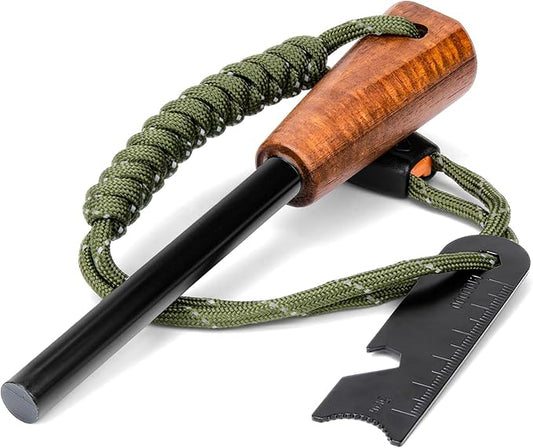 Fire Starter Survival Tool - Handmade Wooden Handle 3/8"" Thick Ferro Rod with Striker and Umbrella Rope Waterproof Iron Rod Flint and Steel Fire Starter Kit