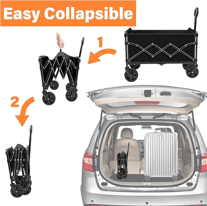 Wagons Carts Foldable - Collapsible Wagon Cart with Wheels Foldable - Utility Folding Wagon Cart for Sports Camping Grocery, Black