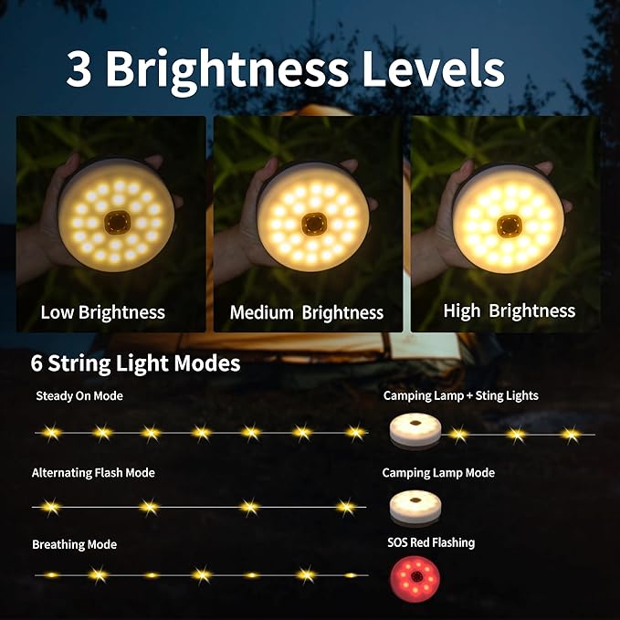 Solar Camping String Lights, 33FT 100LED Quick Storage Rechargeable Tent Lights with 9 Lighting Modes, Portable Camping Fairy Lights Waterproof for Outdoor Patio Garden Party Decorations