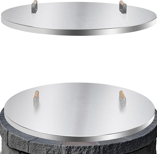 Fire Pit Lid Cover Round - 38" Stainless Steel Rust Resistant Firepit Cover or Table with 2 Wooden Handles for Patio Fire Pit, Weatherproof for All Seasons, Fits Fire Pits Up to 36"