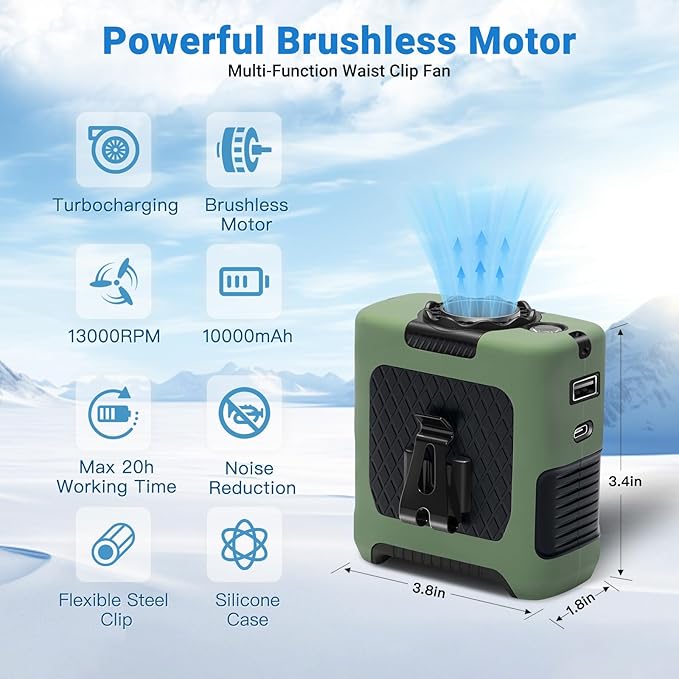 Portable Fans Strong Airflow Personal Waist Fan with Max 40H Runtime Hands Free Neck Fans Wearable Belt Fan for Outdoor Jobsite Camping and Traveling 5 Speeds USB-C Rechargeable 10000mAh (Green)
