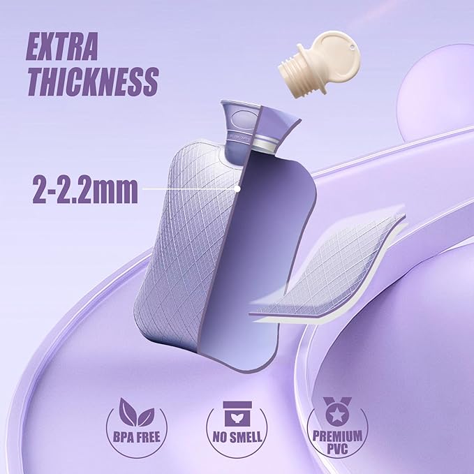 FORICOM Hot Water Bottle with Cover,Extra Large Hot Water Bottles for Pain, Relief,Sleeping.Tummy.2Liter, (Lavender)