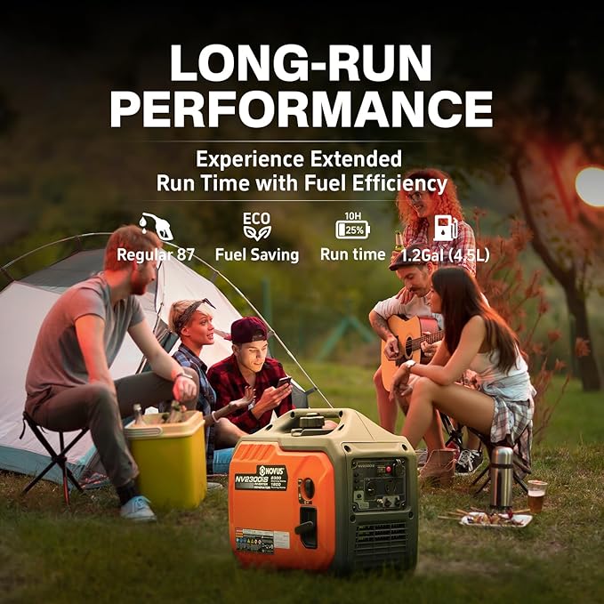 NOVUS 2300-Watt Portable Inverter Generator with CO Sensor, Gas Powered, RV Ready, Quiet and Lightweight for Home Backup, Outdoor Camping, Parallel Capable, EPA Compliant