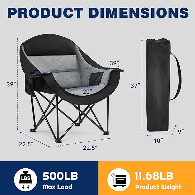 apollo walker Oversized Camping Chair - Heavy Duty 500lbs Camping Chairs for Adults with Cup Holder & Cooler Bag, Folding Lawn Chair for Outdoor, Beach, Concert, Stadium