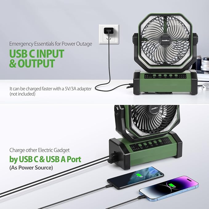 20000mAh Rechargeable Camping Fan - Battery Operated Fan with Light & Remote, Auto Oscillating, 4 Timer, 60 Hrs Work Cordless Tent Fan for Travel Outdoor RV Garage Power Outage Emergency