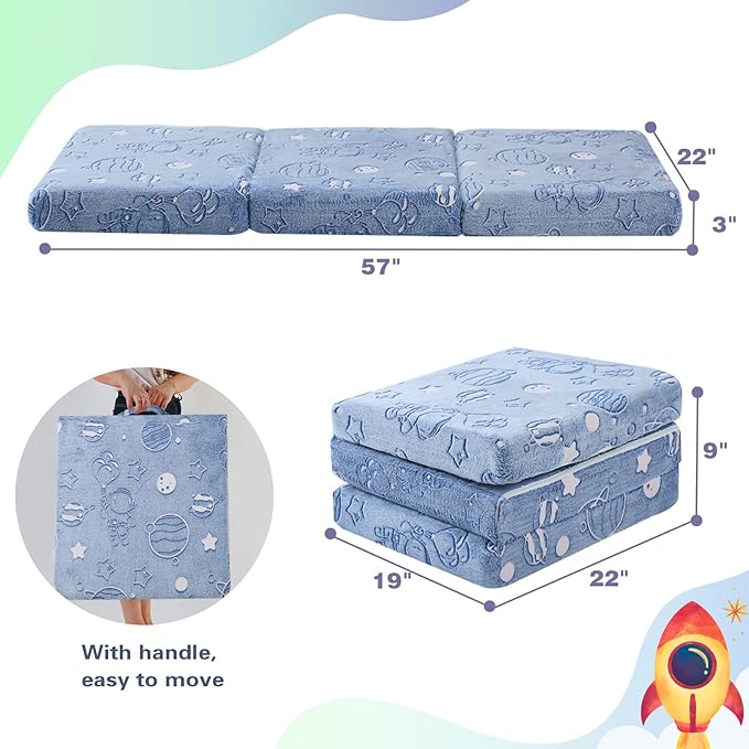 MeMoreCool Glow Space-Themed Foldable Floor Mattress for Kids, Trifold Nap Mat with Planets and Stars, Portable Daycare Sleeping Futon or Floor Bed, 57x22 Inch