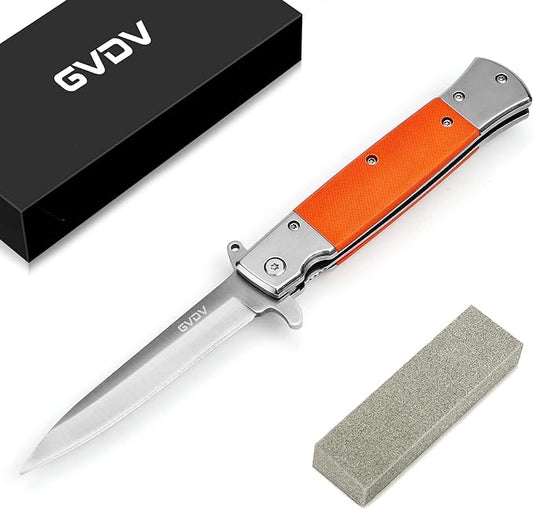 GVDV Folding Pocket Knife with G10 Handle, 7Cr17 Stainless Steel EDC Knife with Safety Liner-Lock, Camping Hunting Survival Knife for Men Women, Orange
