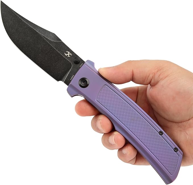 KANSEPT Bison Pocket Folding Knife, 4.25'' Blackwash CPM S35VN Steel Sharp Blade, Purple Anodized Titanium with Frag Pattern Handle, Frame Lock and Thumb Stud for Edc, Camping Hiking Knives K1108A5
