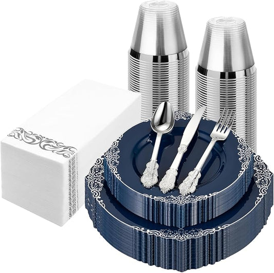 175PCS Navy Blue Plastic Plates for 25 Guests, Disposable Plates with Gold Trim include 25 Dinner and Dessert Plates, 75 Gold Silverware, 25 Cups, 25 Napkins for Party, Wedding & Graduation