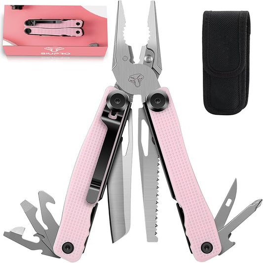 Pocket Multitool Knife for Men, Women, Tactical Multi Tool, All Self-Locking Camping Saw, Survival Pliers set With Clip and Pouch, Gifts Idea, Pink