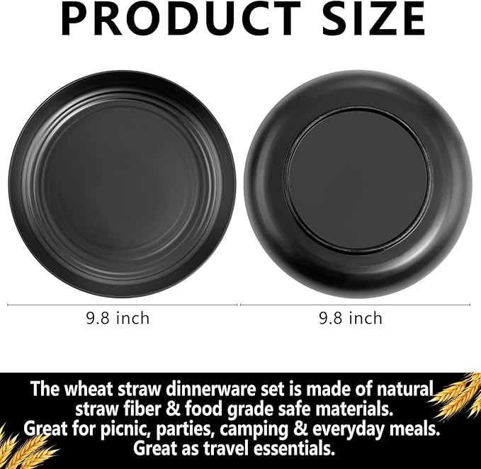 Supernal 16pcs Black Wheat Straw Plates,10 inch Unbreakable Dinner Plates,Reusable Plastic Plates,Dishwasher & Microwave Safe,Lightweight Dinnerware Plates Set for Kitchen,Camping
