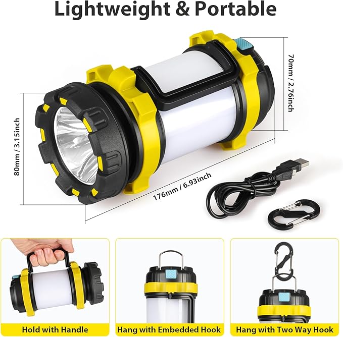 2 Pack Camping Lantern, Outdoor LED Camping Light, Rechargeable Flashlights with 1000LM, 6 Modes, 4000mAh Power Bank, IPX5 Waterproof Portable Emergency Camp Light for Hurricane Survival - Yellow