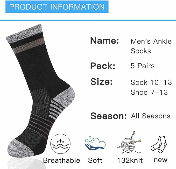 COOVAN Mens Hiking Crew Socks 5 Pairs Moisture Wicking Cushioned Athletic Boot Outdoor Socks