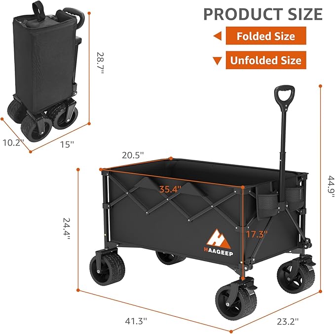 Collapsible Wagon Cart with Wheels - Foldable Wagons 220L Heavy Duty 450lbs, Beach Wagon with Big Wheels for Sand Folding Utility Wagons Carts for Sports Shopping Camping