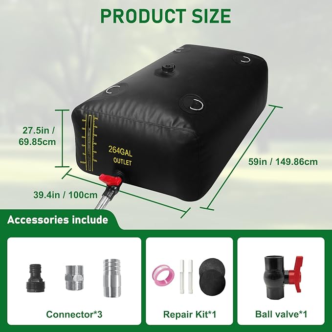 1000L/264Gal Water Bladder with Water Level Indicator, PVC Foldable and Portable Water Tank with 3 Connectors and Overflow Kit, Ideal for RV, Camping, Rainwater Collecting,Planting Watering