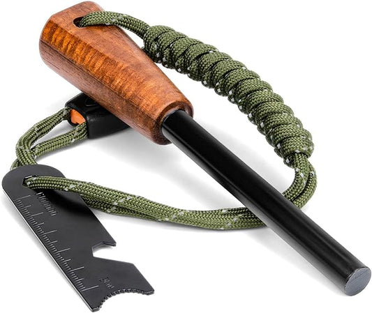 Fire Starter Survival Tool - Handmade Wooden Handle 3/8"" Thick Ferro Rod with Striker and Umbrella Rope Waterproof Iron Rod Flint and Steel Fire Starter Kit, Black