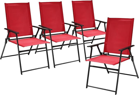 4 Piece Folding Patio Dining Chairs with High Back and Armrests, Red Sling Chair