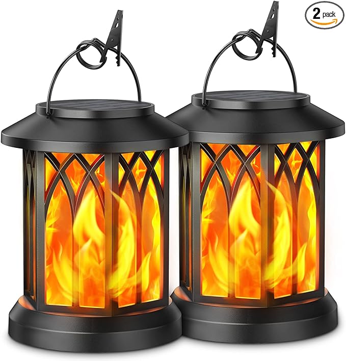 KOOPER Hanging Solar Lights Lantern Outdoor, Flickering Flames Solar Outdoor Lights, Solar Lanterns Outdoor Waterproof with Bigger Panel, Lanterns Decorative Outdoor for Yard Garden Decor, 2 Pack