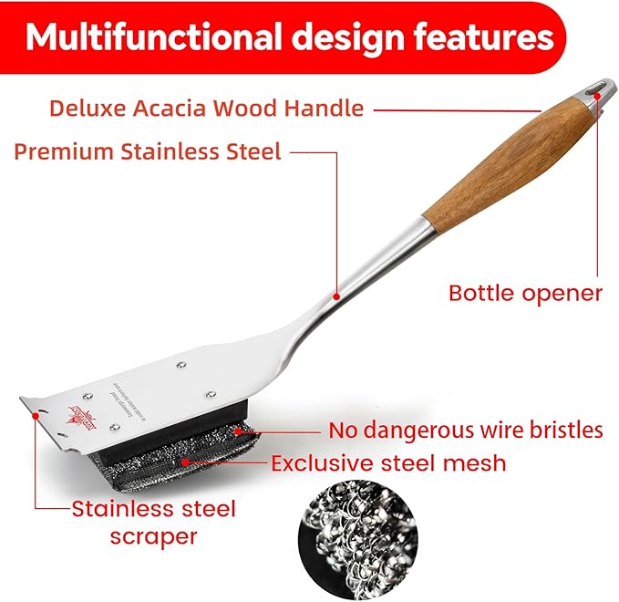 Grill Brush Bristle Free,Unique Steel Fibers Pad [Safe & Efficient] Perfect for Any Grill/Flat Tops Griddles - with 1 Replaceable Head,Grill Cleaner for Outdoor Grill,Gifts for Men/Dad