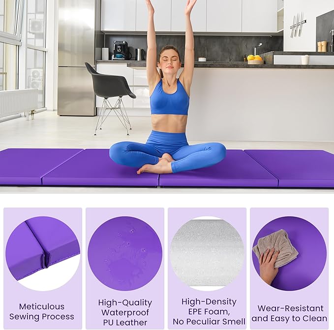 Folding Exercise Gymnastics Mat 10'x4'x2" Gym Workout Mat with Carrying Handles High-Density Anti-Tear Portable Fitness Aerobics Mats for Home Gym Yoga Pilates Tumbling MMA Core Training, Multiple Colors
