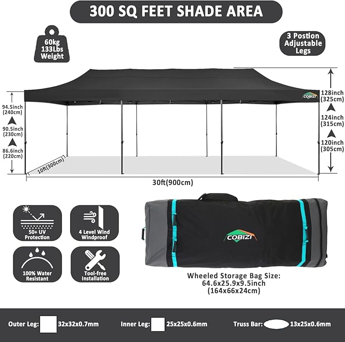COBIZI 10x30 Pop Up Canopy Without Sidewall,Heavy Duty Canopy UPF 50+ All Season Wind Waterproof Commercial Outdoor Wedding Party Tents for Parties Gazebo with Roller Bag(10 x 30 ft Black)