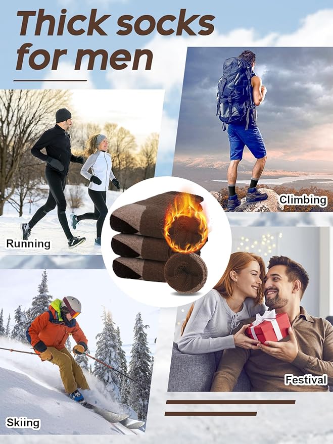 Senker Fashion Merino Wool Hiking Socks for Men, Warm Crew Socks W/Cushion Moisture Wicking for Trekking Work Outdoor