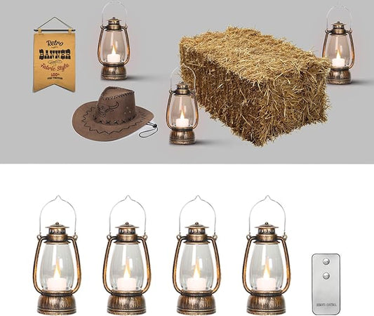 LLQ Vintage Decorative Lanterns with Remote, Camping Party Decorations, Table Centerpiece, Indoor & Outdoor Hanging Lanterns, Christmas Halloween Wedding Party Decor, 4-Pack (Bronze Brushed)